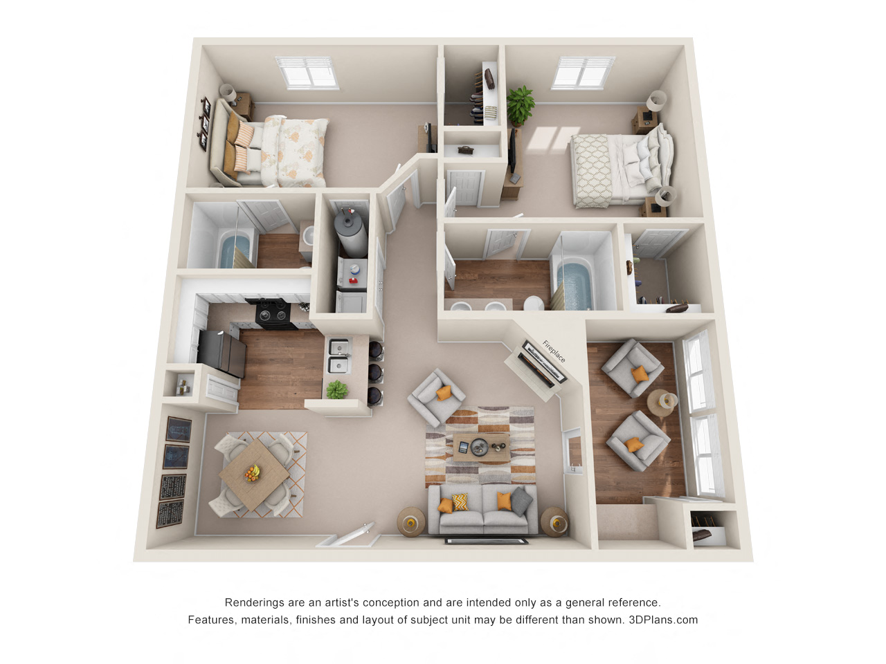 Floor plan for 2 beds, 2 baths, 1125 sqft
